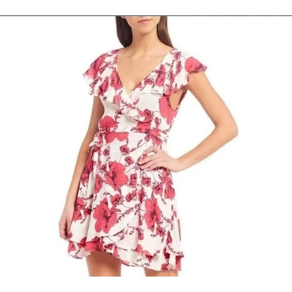 Free People Wrap Dress Pink Floral Flutter Sleeves Above Knee XS